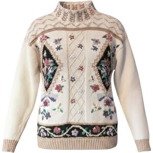 Large Beldoch Popper Women Hand Knit Floral Pullover Y2K Mock 3-D Sweater‎